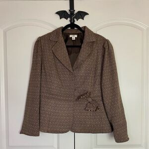 Vintage inspired Brown Blazer Puff Sleeves Cinched Waist Bow Accent size 18